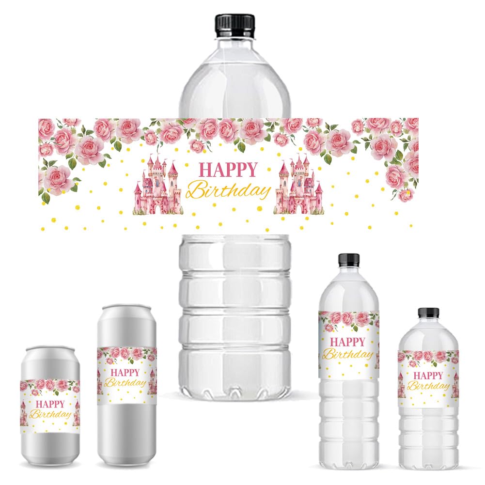 PH PandaHall 30pcs Happy Birthday Water Bottle Labels, Adhesive Bottle Labels Stickers Castle Flowers Waterproof Water Bottle Wraps Party Favor