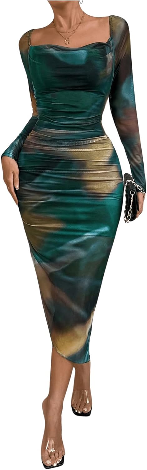 Floerns Women's Tie Dye Long Sleeve Cowl Neck Ruched Cocktail Bodycon Midi Dresses