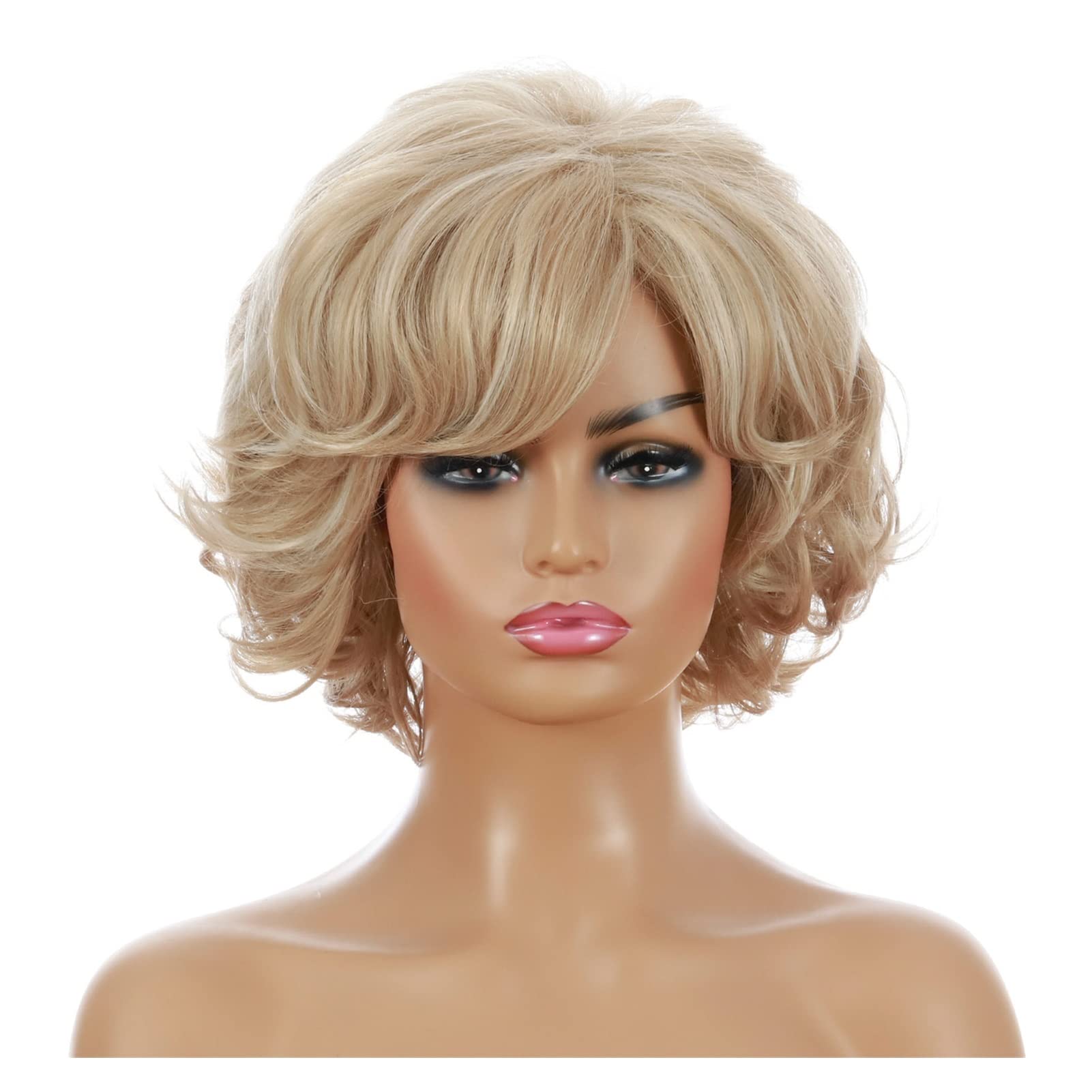 Perruque femme courte bouclée or clair avec frange pour changer de look au quotidien