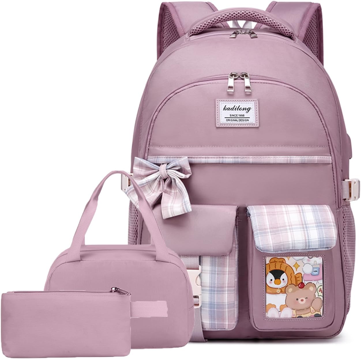 kadilong 3pcs School Backpack for Teen Girls with Lunch Bag Pencil Case,Cute Kids Bookbag for Kindergarten Elementary Preschool Middle School (Purple)