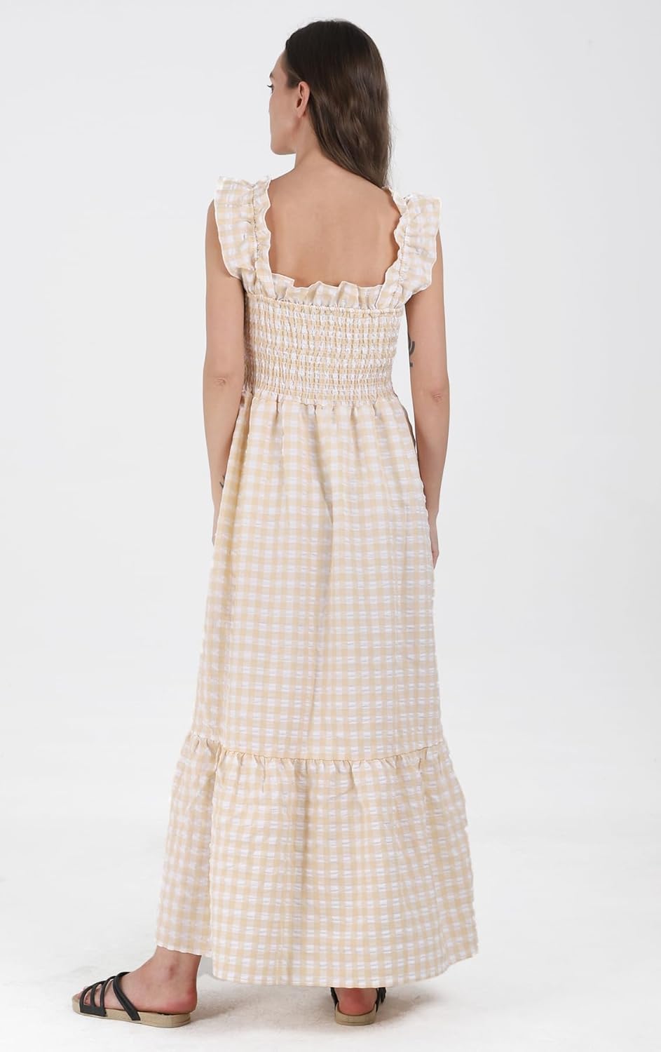 Women's Sleeveless Strap Retro Plaid A-Line Smocked Maxi Long Dress with Ruffled Hem - Image 4