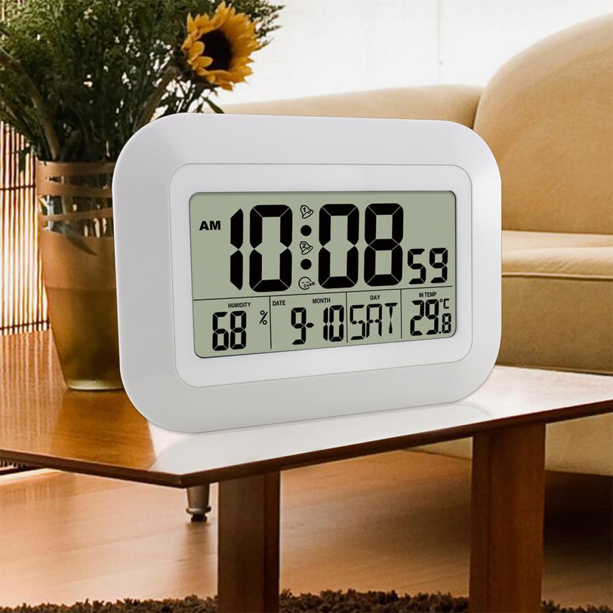 Alipis Multi-Functional Digital Alarm Clock with Temperature and Humidity Display Decorative Desktop Clock for Home Decor Quiet Non-Ticking Design White Batteries Not Included