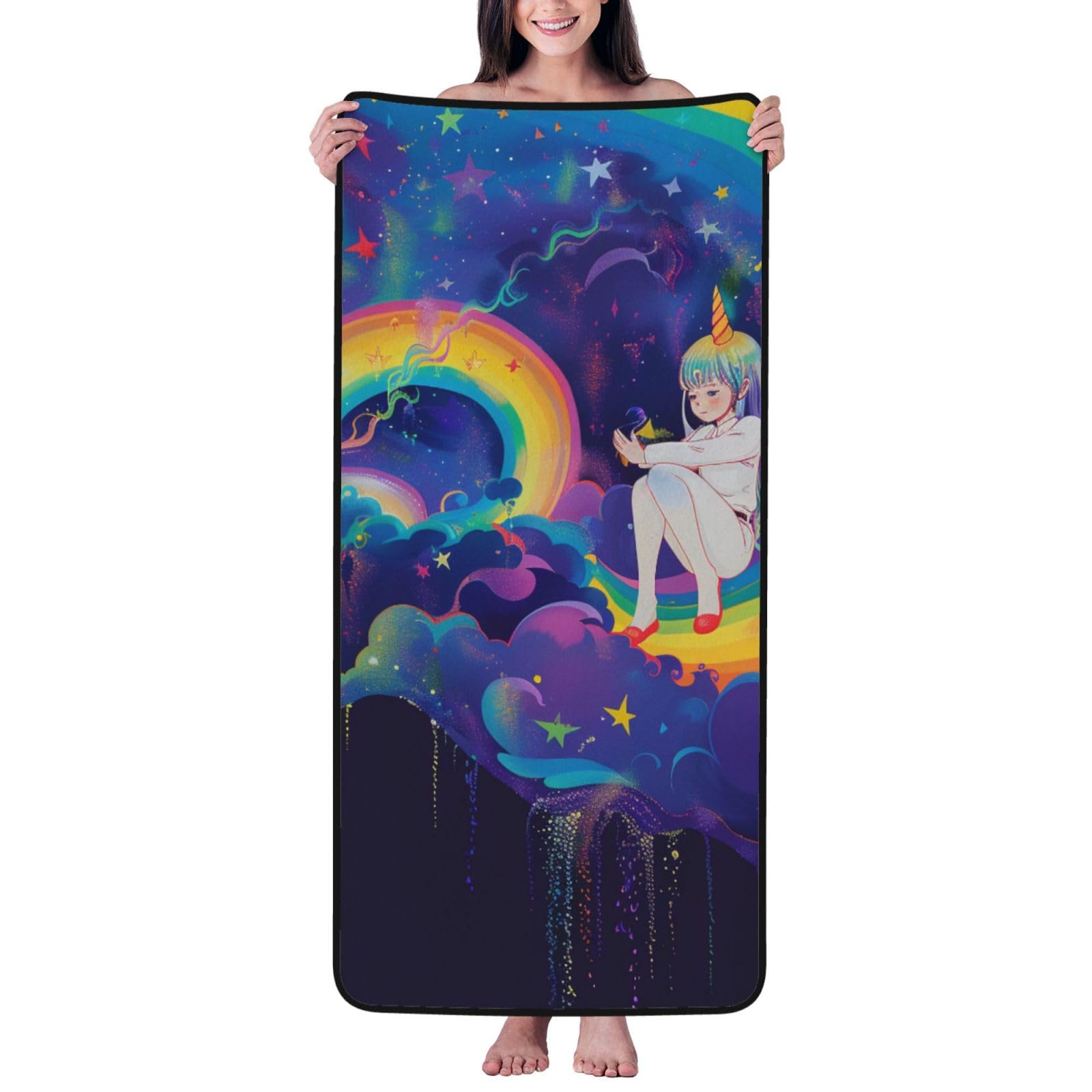 WPKJU Rainbow Printed Bath Towel with Black Edging - 27x55 in Soft Extra Absorbent Coral Velvet Shower Towels for Bathroom