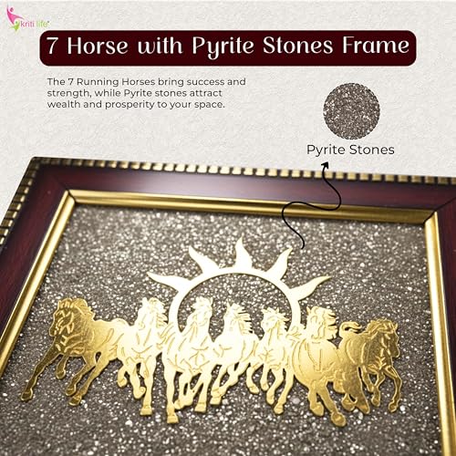 Image of KRITILIFE 7 Horses on Raw Pyrite Frame | Energised by Feng Shui, Vastu & Reiki Master | Seven Horses Pyrite Stone Wall Decor for Success, Fame & Money Attraction | Ideal Gift & Home Decor | (7.5 x 7.5 Inch)