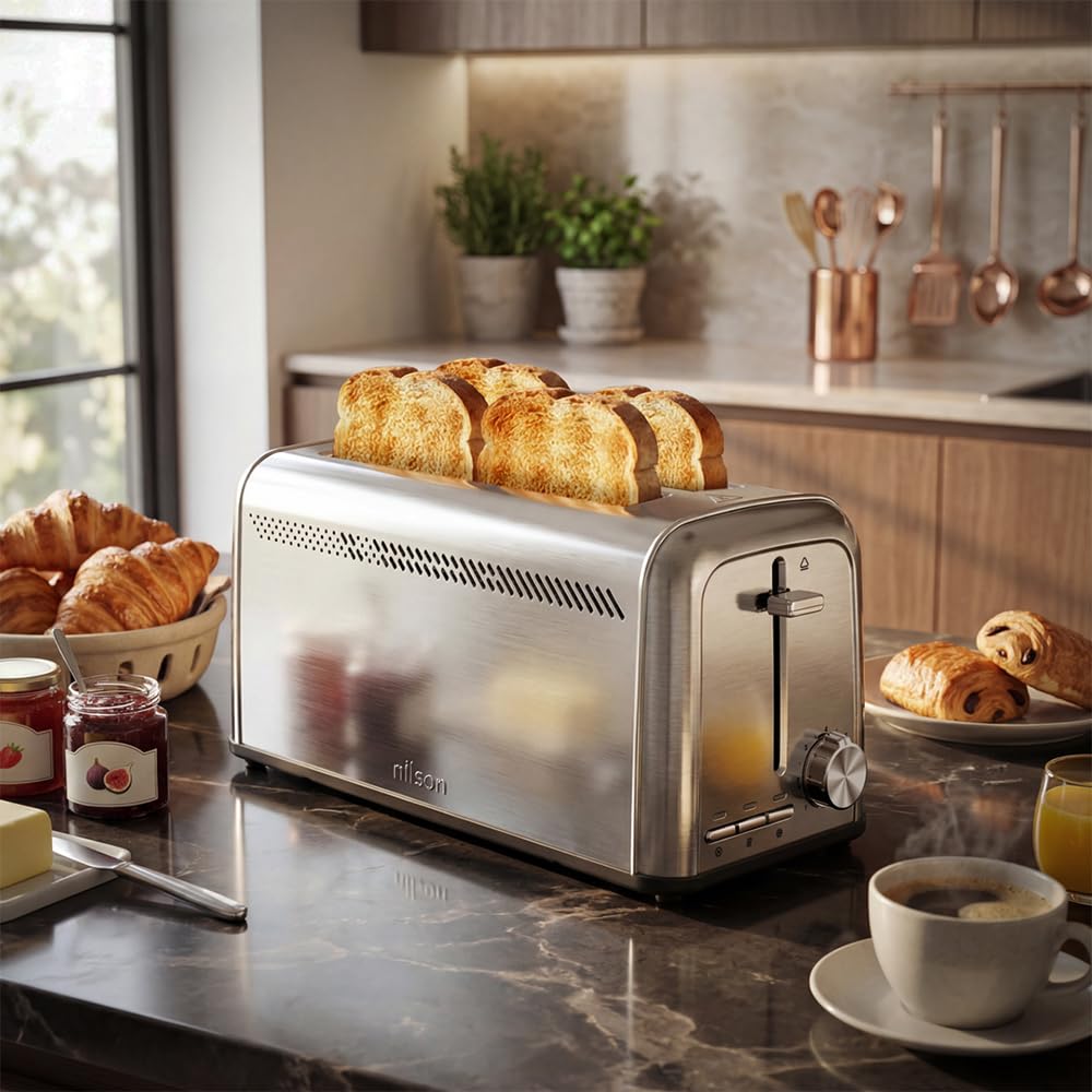 Toster do chleba z podwójnym gniazdem, 1500 W, 7 poziomów opiekania, sterowanie ręczne, timer, rozmrażanie, podgrzewanie i zamykanie, wyjmowana taca na okruchy, łatwe czyszczenie