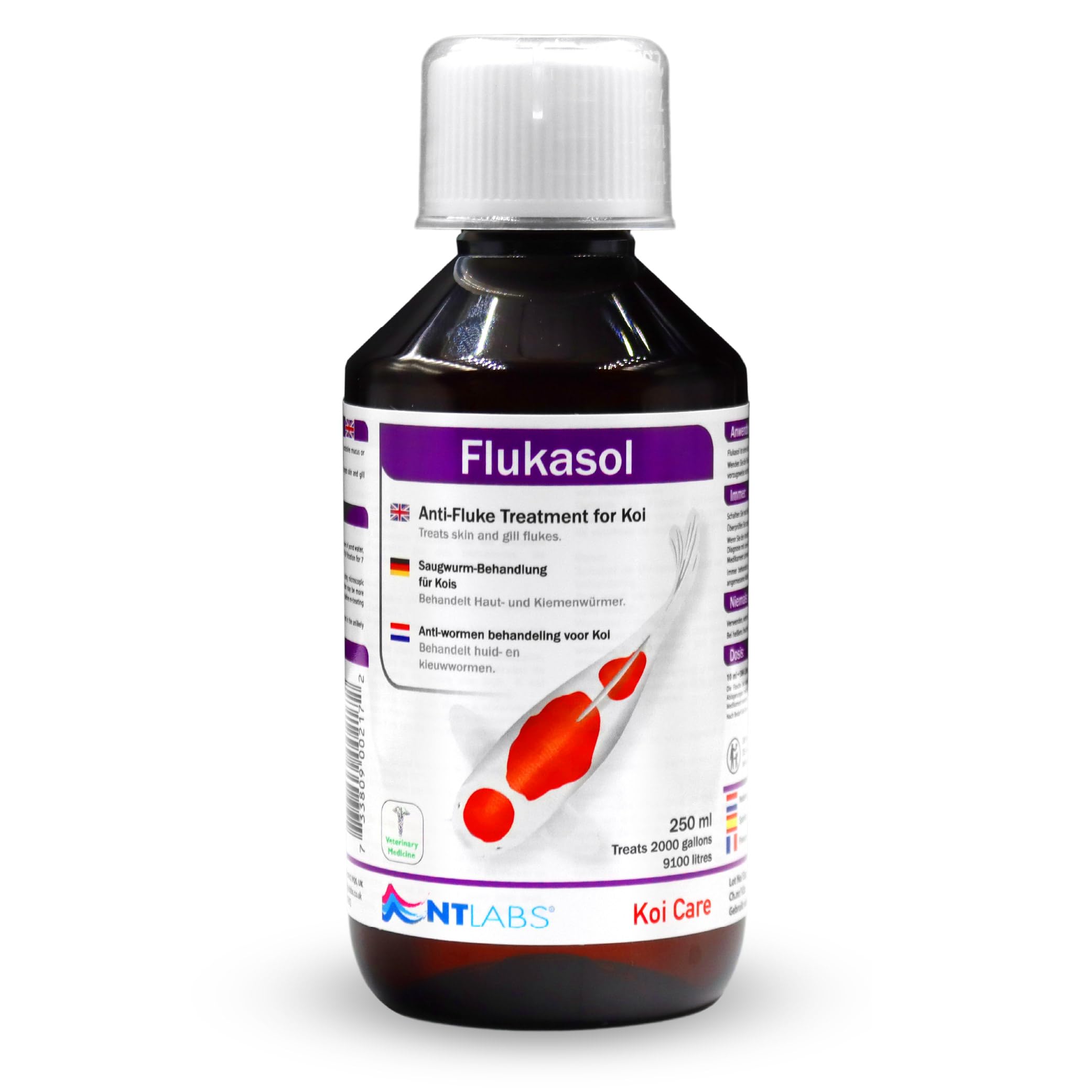 NT Labs Koi Care Flukasol, Koi Medicine, Treatment for Koi Skin and Gill Flukes, Liquid Suspension of Flubendazole, (250ml)