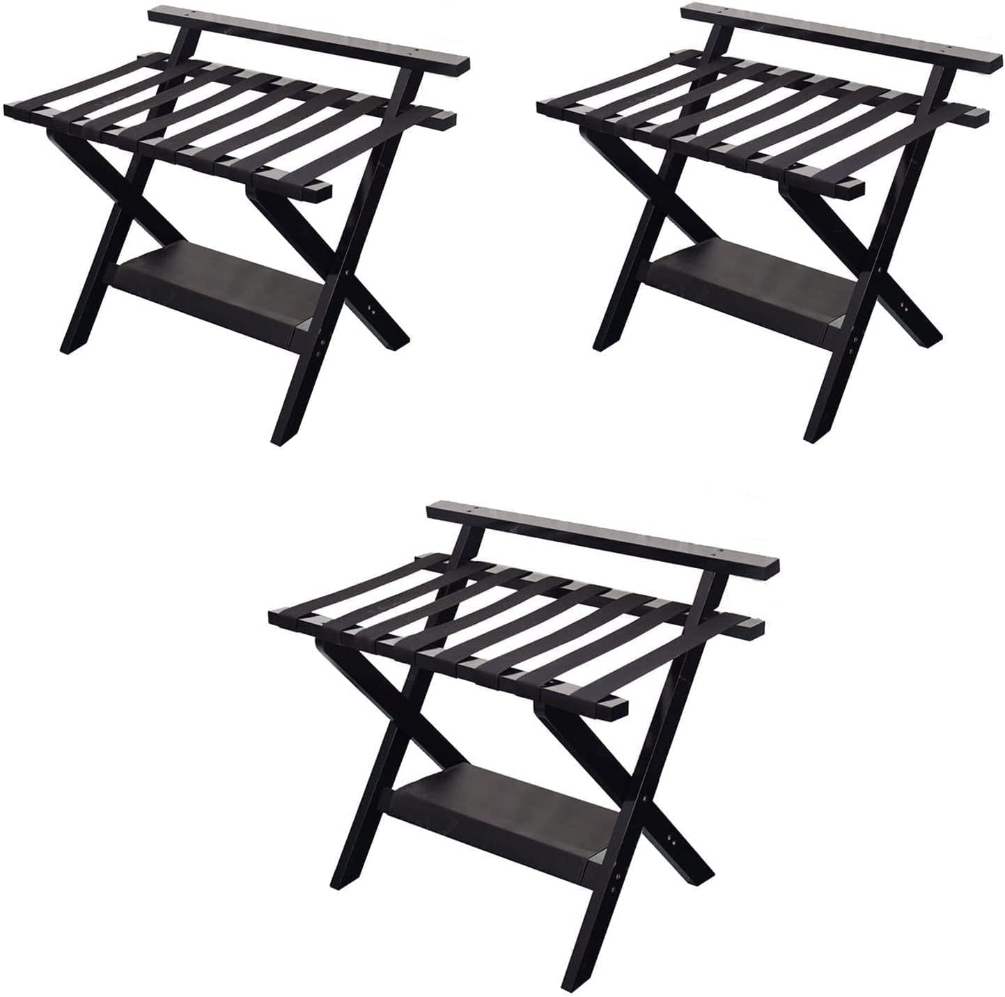 MSHGSKU 3Pcs Luggage Rack - Folding Suitcase Rack, Solid Wood Suitcase Rack With Non-Slip Feet, Hotel Expanded High Density Webbing Shoe Rack/Clothes Rack,Black