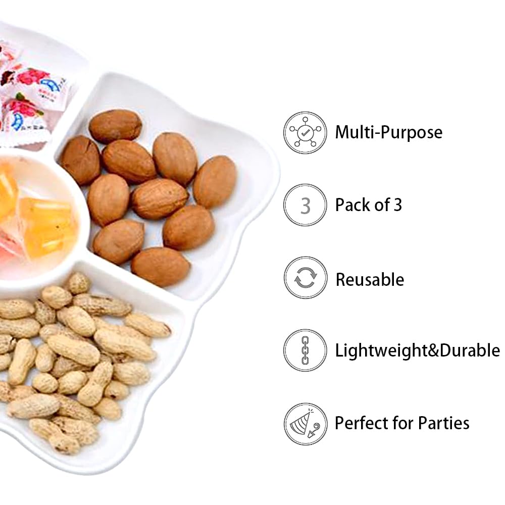 3 Pezzi Piatto con Scomparti 5 Sezioni Vassoio Divisorio Per Snack Riutilizzabili Porta Snack Plastica per Feste Caramelle,Antipasti,Frutta Secca,Dessert(Bianco)