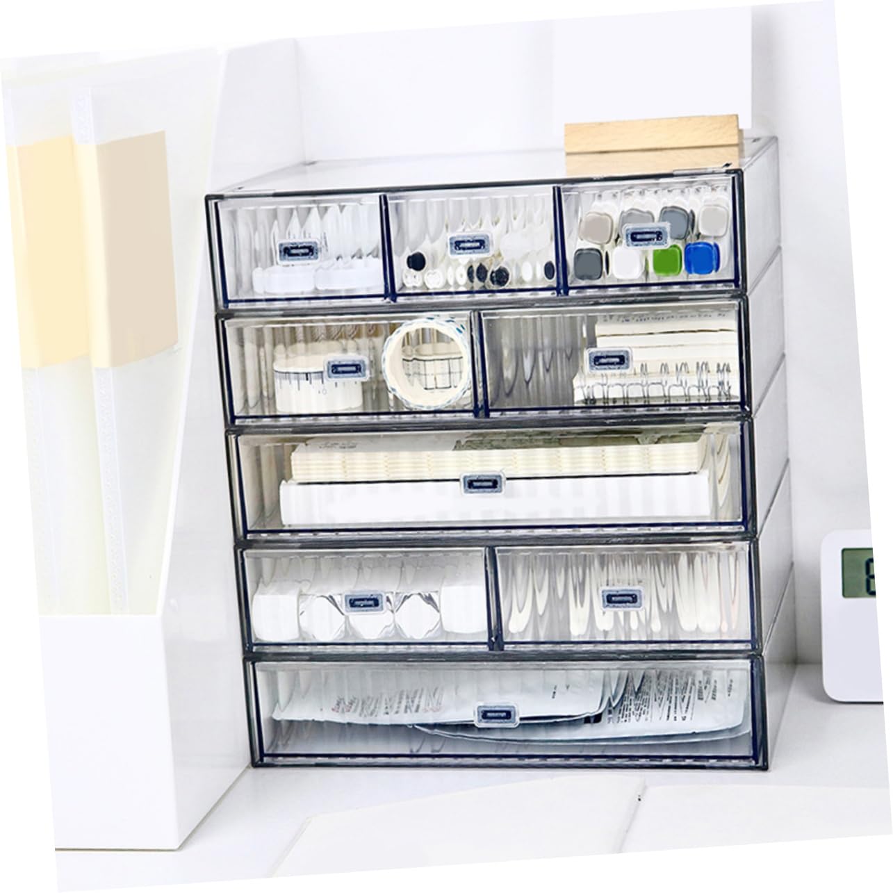 Organizador de Escritorio Transparente de Plástico 3 Piezas | Cajones Multicapa, para Borrar y Rotuladores, Uso en Escritorio y Hogar
