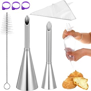 56Pcs Cream Puff Cupcake Filler Piping Tips Kit, 2PCS Long Puff Nozzle Tips with 50 Disposable Pastry Piping Bags & Injector Tip Cleaning Brush, 3 Silicone Rings for Filling Donuts Puff Eclairs