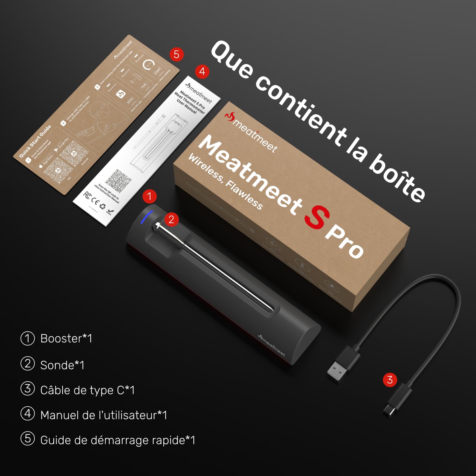 S Pro Thermomètre Cuisine Sans Fil, Thermomètre à Viande avec App et 6 Capteurs, Précision de ±0,1 °C, Surveillance par Application avec minuterie et alarme, IP69 étanche et, pour BBQ, Grill