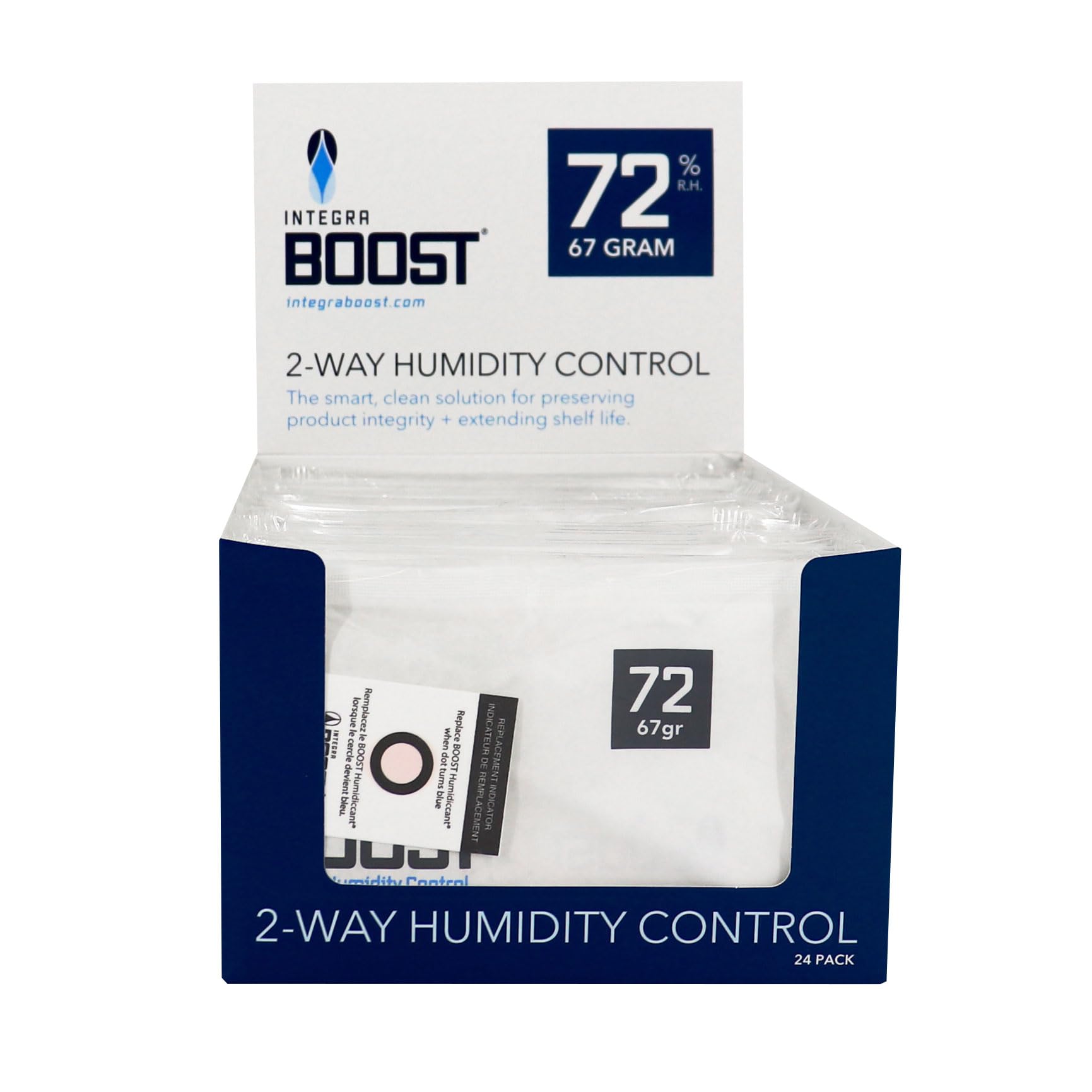 Integra Boost - 72% RH Level - 67 Gram Size - Two-Way Humidity Control Pack - Incl. Replacement Indicator Cards - Food Storage &amp; Herbs Moisture Balancer For Up to 1 LB (Pack of 24)
