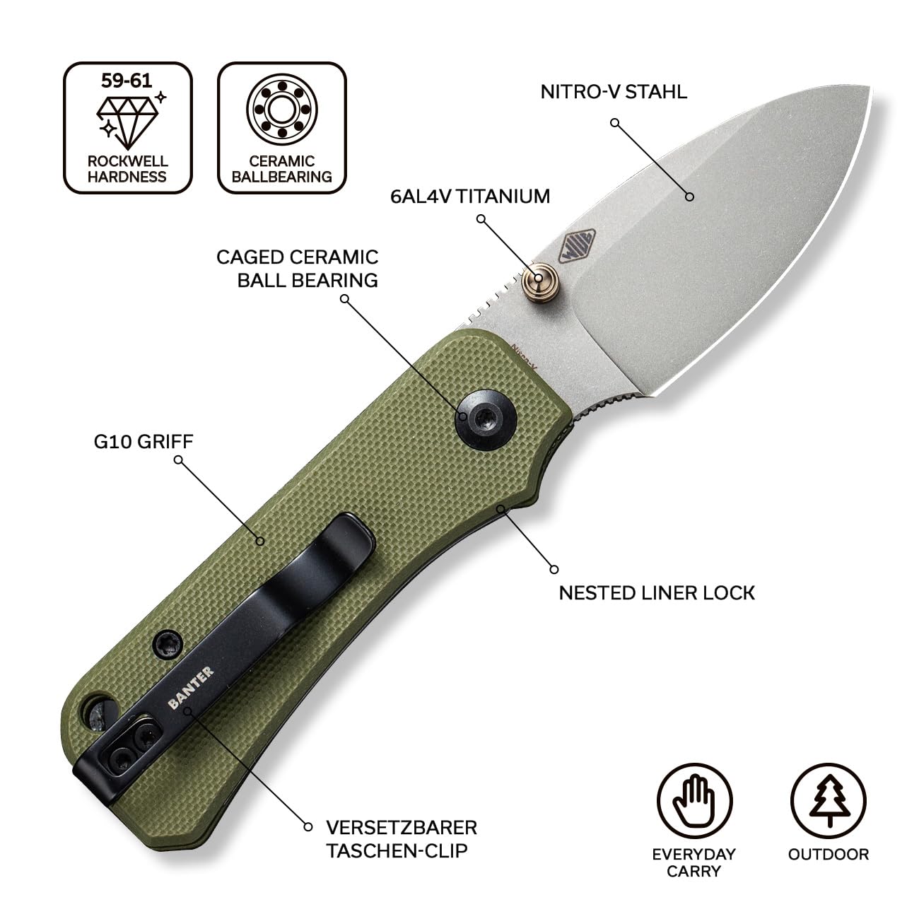 CIVIVI Baby Banter Folding Pocket Knife with 5.94CM Nitro-V Blade & Green G-10 Handle, Outdoor Knife with Clip (C19068S-5)