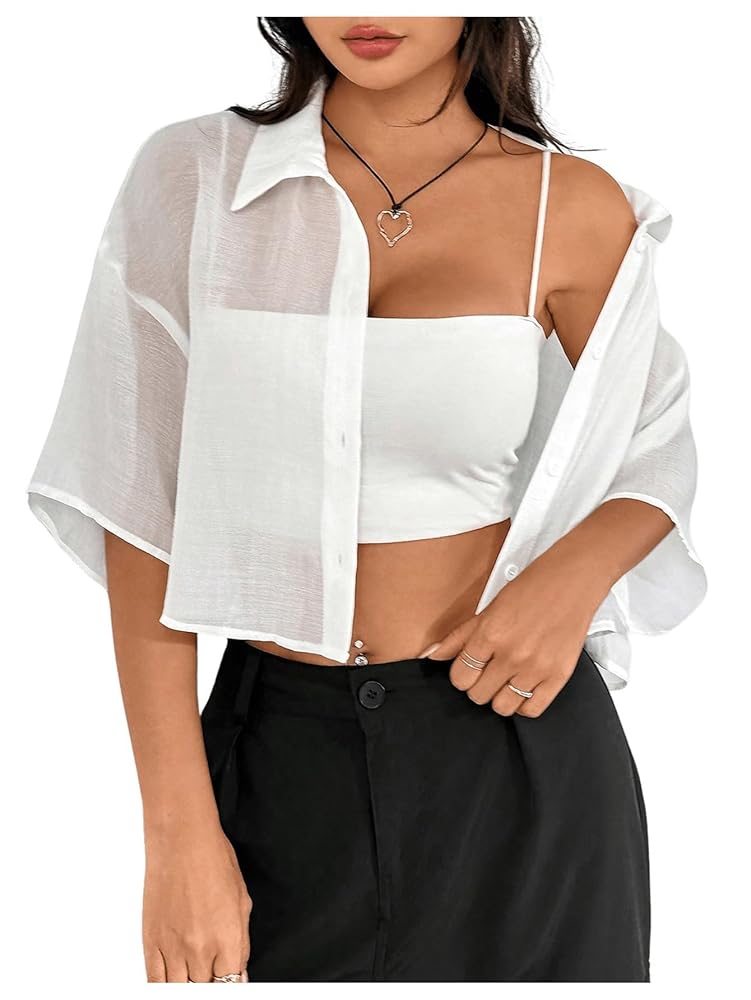 SHENHE Women's Sheer Button Up Blouse Half Sleeve Cropped