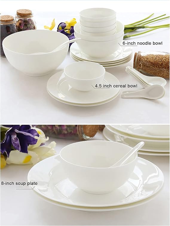 Bone China Dinnerware Set Round White Porcelain Dinner and Dinnerware Set with Cereal and Pasta Bowl Dessert and Soup Plates Fish Plates Microwave and Oven Safe (56 Pieces)