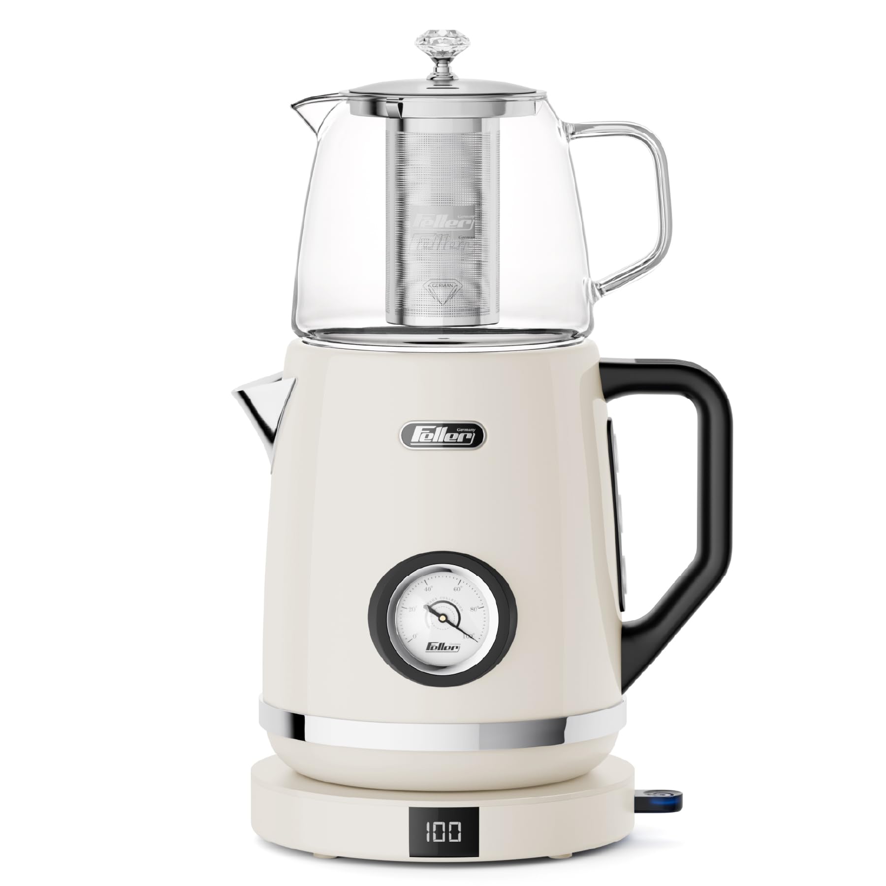 Feller Germany, Retro Style 1.7L 2-in-1 Stainless Steel Tea Maker+Kettle, 2200W, 85/95/100°C Adjustable Touch-Sensitive Temp Setting,LED Display, TS290,2Y Guarantee-UAE Version (Cream)