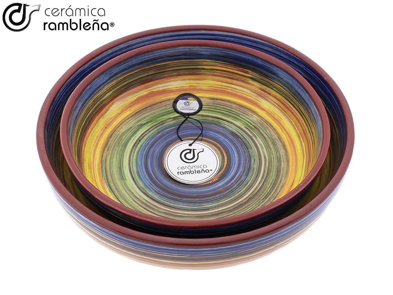 CERÁMICA RAMBLEÑA | Ensaladera cerámica | Ensaladeras originales | Conjunto x2 Ensaladeras decoración Arcoíris - Modelo 16 | Decoración 100% hecho a mano | 23x23x5.5 cm + 27x27x7 cm