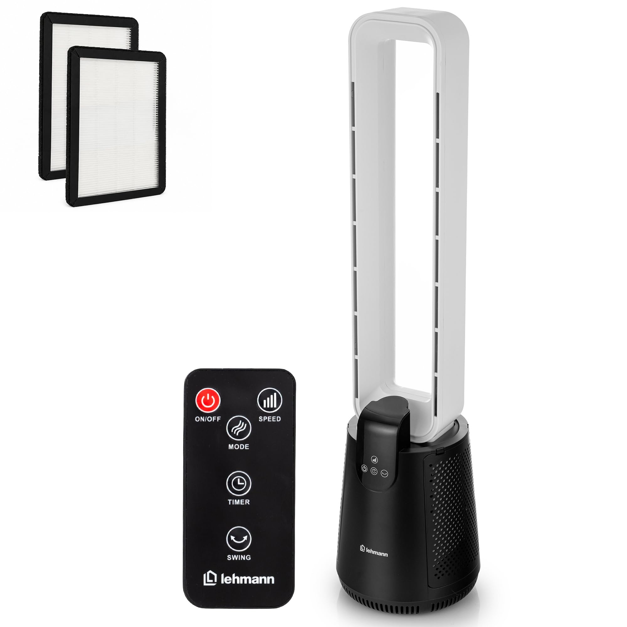 LEHMANN Ventilatore a Torre senza Pale 2 in 1 con Purificatore d'Aria, 2 Filtri HEPA, Silenzioso Modalità Notte, Timer 1-12 h, Telecomando e Display LED, Oscillazione, Per Camera da Letto & Ufficio