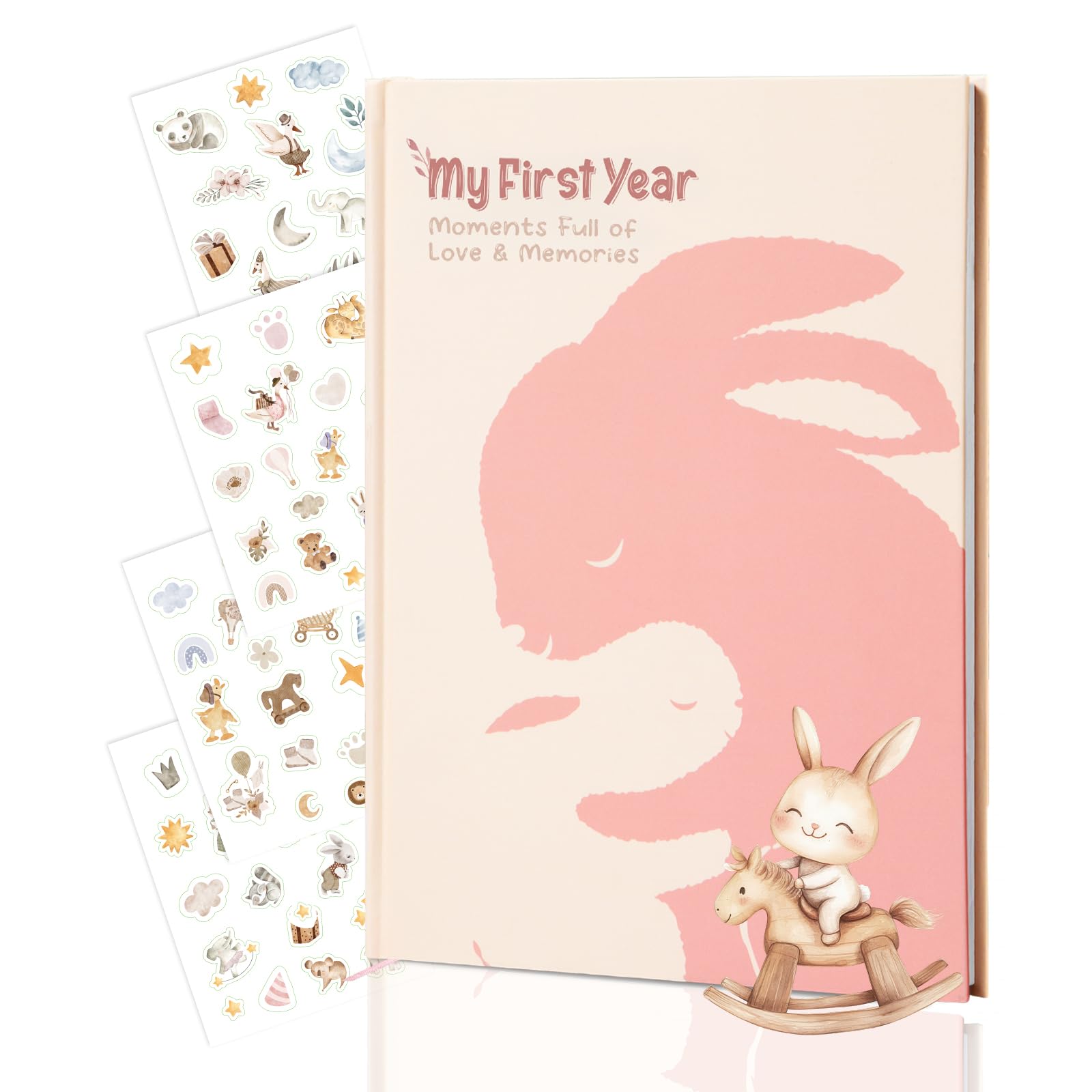 Mein erstes Baby-Erinnerungsbuch – A4-Tagebuch & Erinnerungsalbum mit süßem Hasenmotiv, inklusive 60 Stickern, liebevolles Geschenk zur Geburt, Taufe & Babyparty