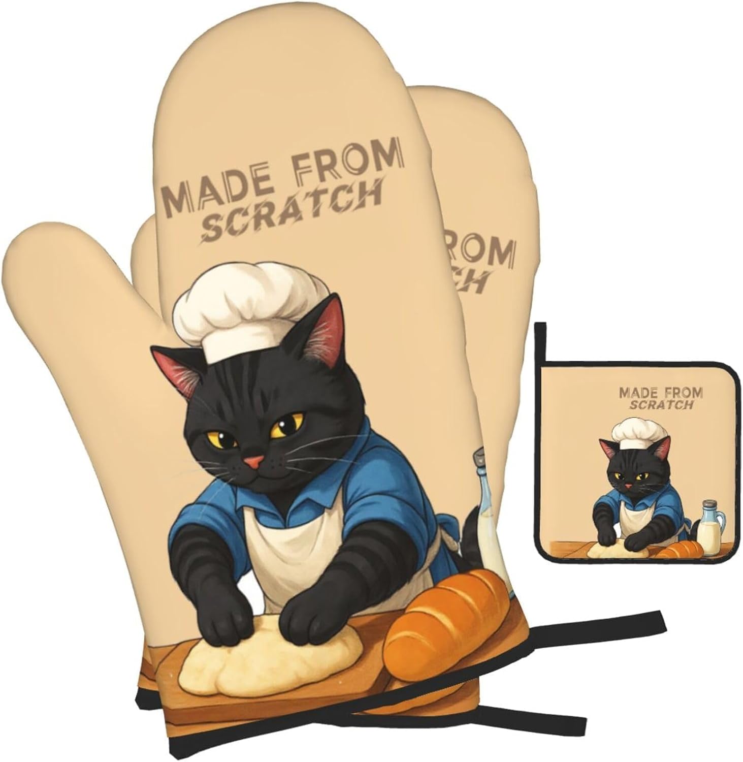 Funny Black Cat Oven Mitts and Pot Holders Set, Heat Resistant Cute Oven Gloves Hot Pads for Cooking Grilling Baking Kitchen Decor, Black Cat Lover Gifts for Chef Baker, Baking Gifts for Women