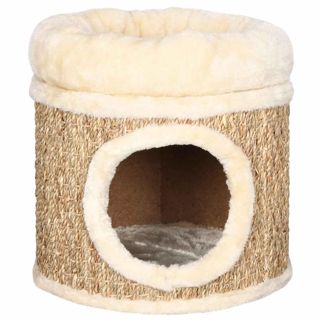 Katzenhaus mit Kratzbaum PlüschKatzenbett Höhle Beige 33 cm | Gemütlicher Rückzugsort fürs Wohnzimmer mit robustem Seegras-Kratzbrett und kuscheligem Liegeplatz für Katzen bis 5kg.
