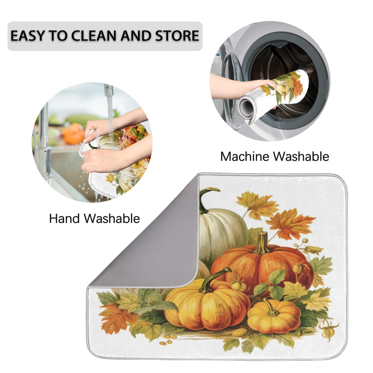 Abtropfmatte Herbst-Design – 45,7 X 61 Cm, Saugstark, Wendbar, Mit Kürbis & Ahornblatt-Muster, Für Küche & Esstisch