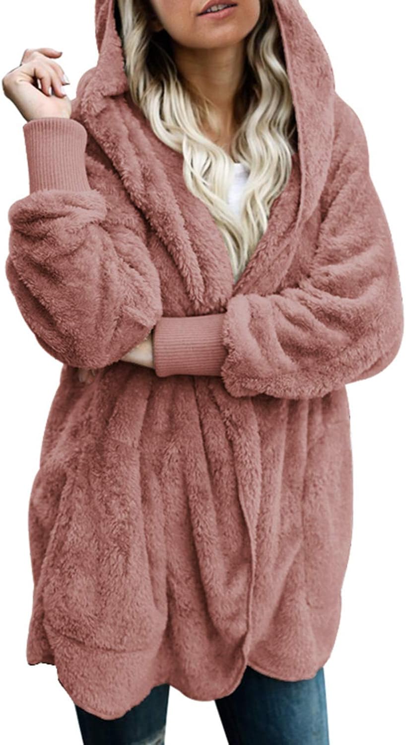 DokotooWomens 2025 Winter Long Sleeve Solid Fuzzy Fleece Open Front Hooded Cardigans Jacket Coats Outerwear with Pocket