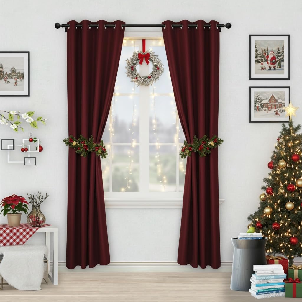 DALINA Cortina de Ventana Navideña Terciopelo Translúcida - Salón Acabado Brillante, Terciopelo, 2 Piezas 140x260cm, Tinto