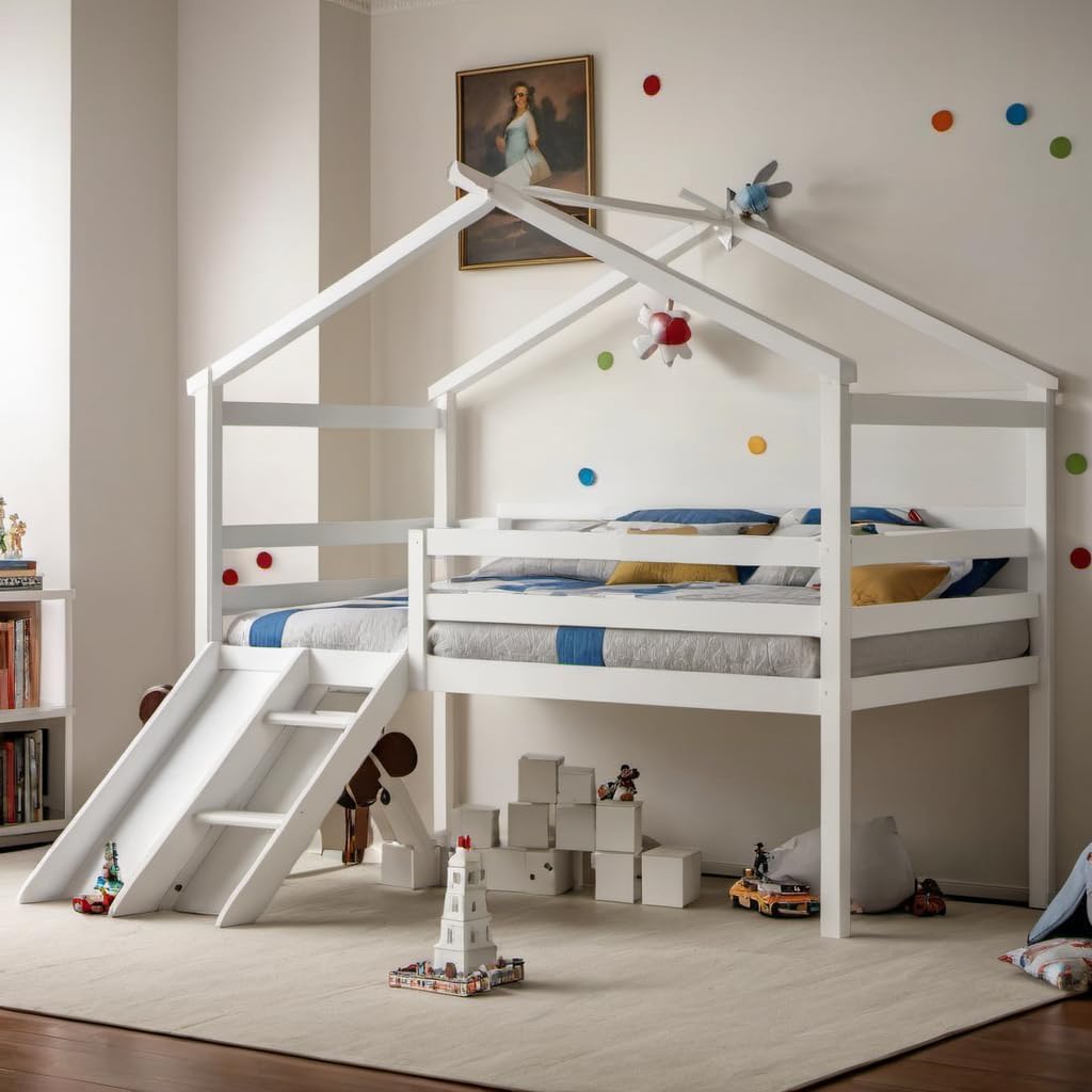 Twin Size Low Loft Bed with Slide for Kids,Girls,Boys Bedroom,Wood House Roof Frame with Inclined Ladder,Easy to Assemble,Under Bed Storage,White