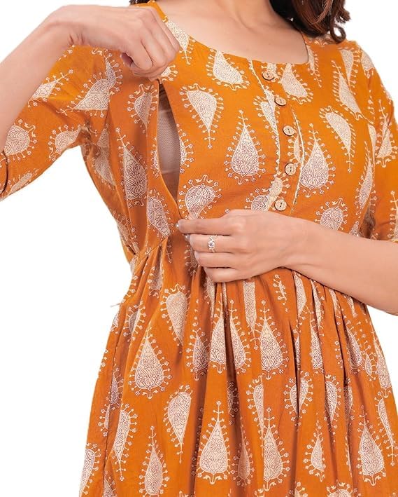 Image of Women's Pure Cotton Floral Printed Maternity Feeding Kurti with Zipper Feeding Dress for Women Feeding Gown