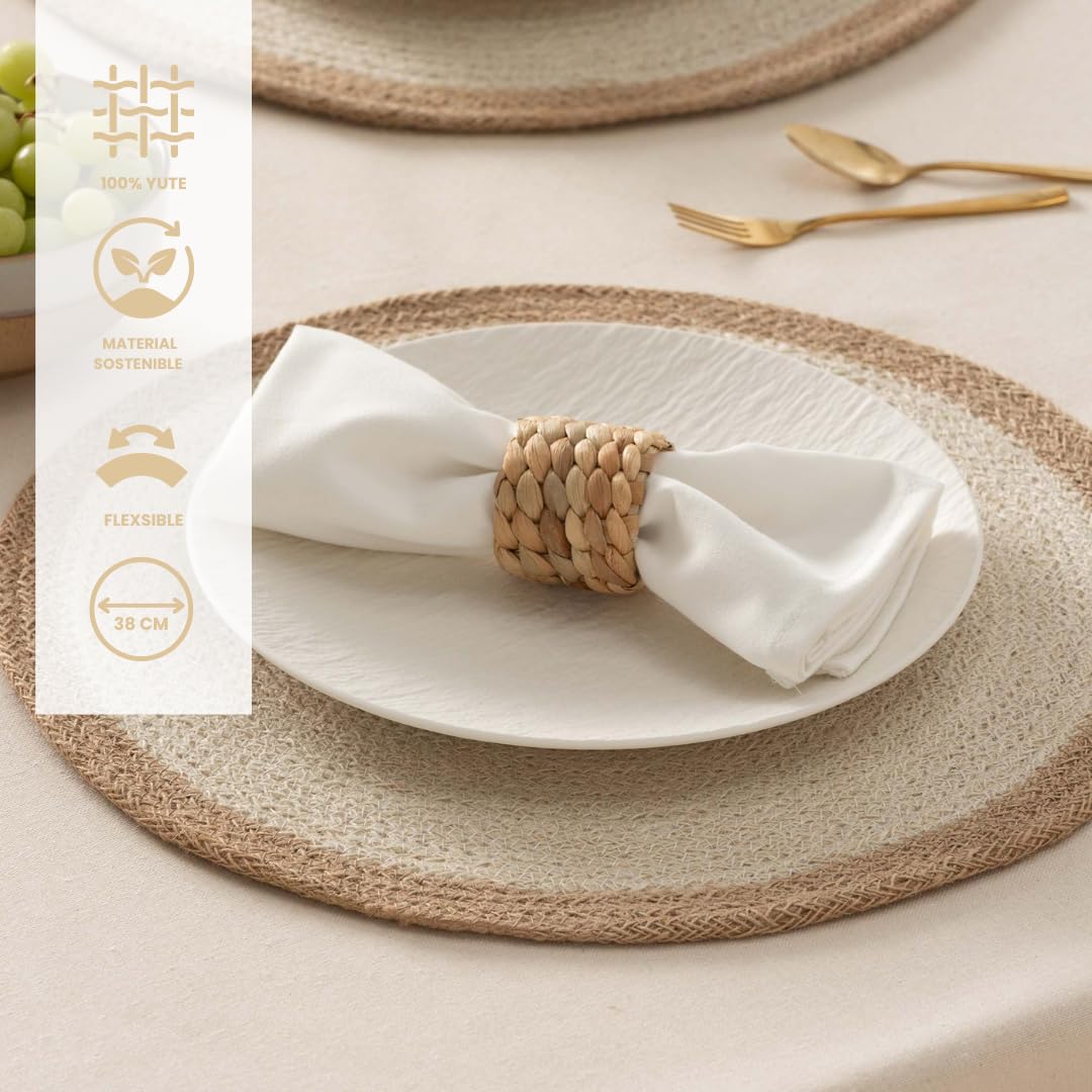 2er-Set Runde Jute-Tischsets In Natur Mit Grauen Streifen – Handgewebt, Hitzebeständig, 38x38 Cm