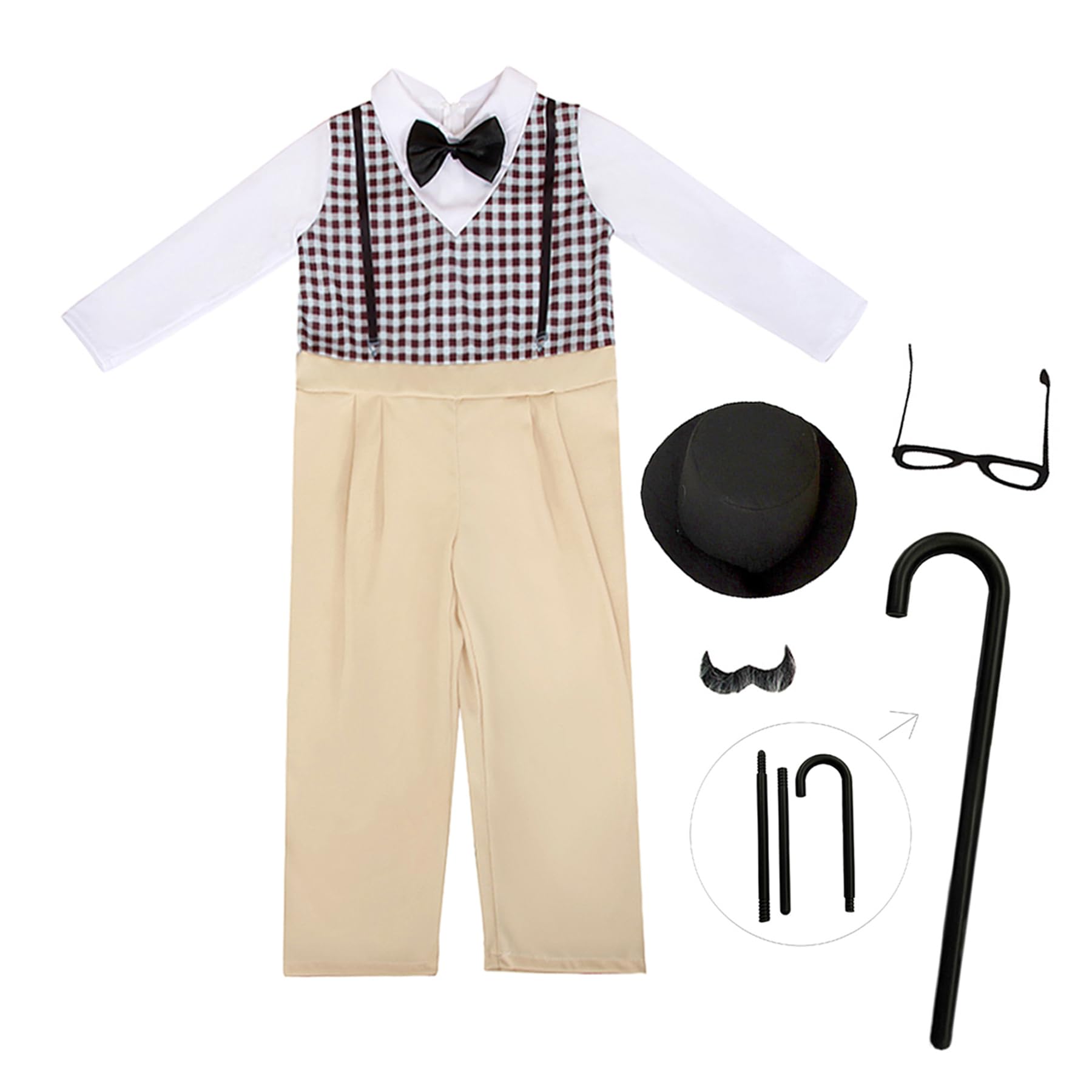 Lito Angels Little Boys Grandpa Old Man Costume 1920s Kids Fancy Dress Up Set Jumpsuit Hat Glasses Cane Moustache Pretend Play Age 7-8 Years