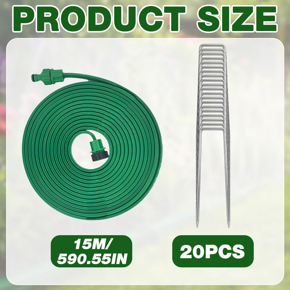 2 PCS Tubo Irrigazione Forato, Tubo Irrigatore 15 m Piatto Tubo Irrigazione a Goccia, Tubo Irrigazione Estensibile con 20 Picchetti da Terra, Manichetta per Irrigazione Prati Aiuole Piante