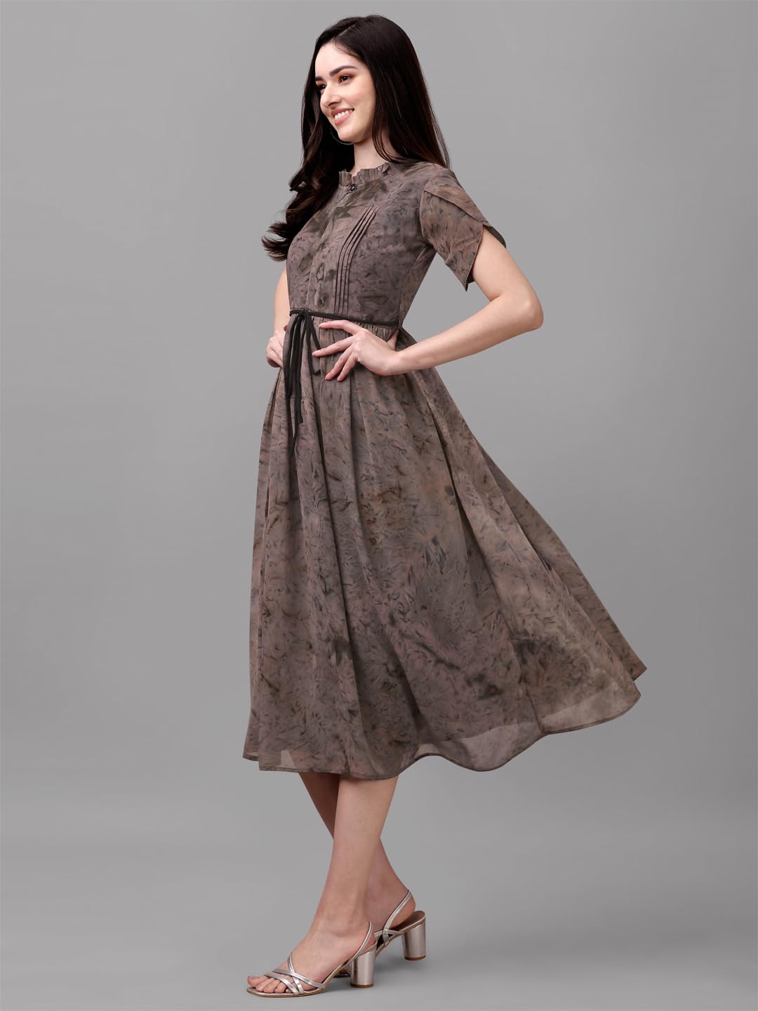 Gufrina Women's Georgette Midi Dress With Short Sleeves Abstract Printed High Round Neck Knee Length Regular Fit And A Line Style Grey