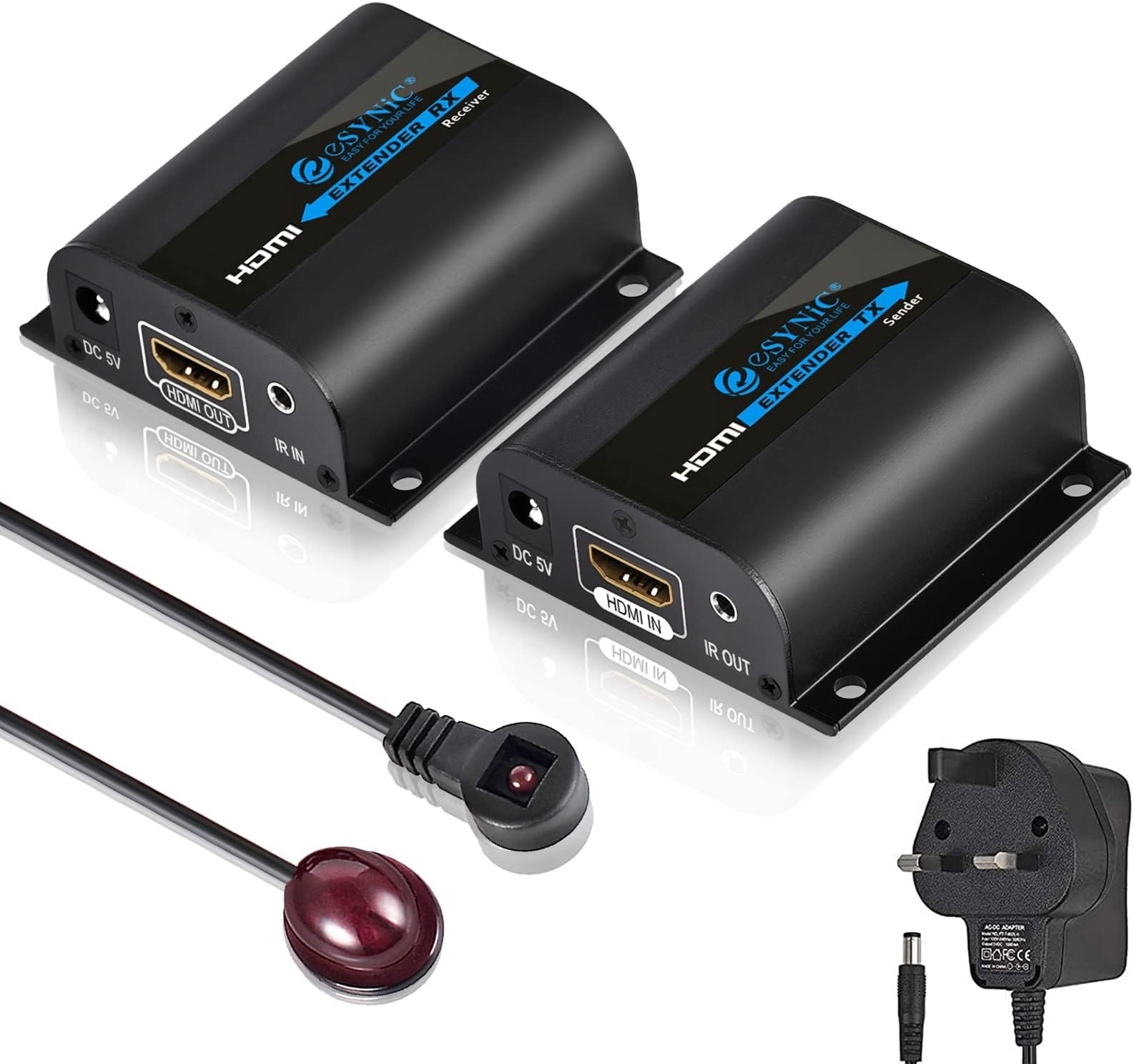 eSynic Professional HDMI Extender POC 1080P HDMI Extender Splitter 60m HDMI Transmitter and Receiver With IR Using Cat 6 Cat 7 Ethernet Cable for PS3 PS4 Satellite Box etc