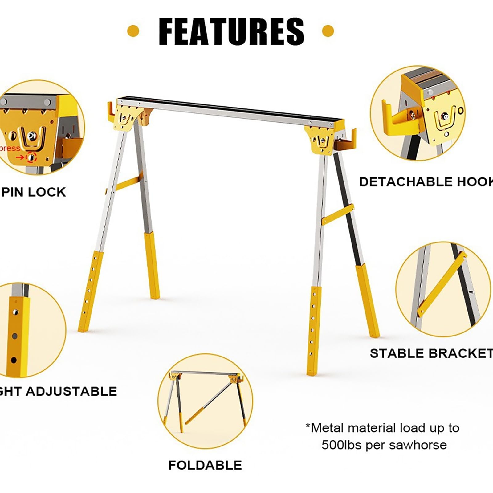 Chevalet de sciage pliable, capacité de 1200 kg, facile à utiliser avec crochets de rangement pour le travail du bois et la coupe de bûches