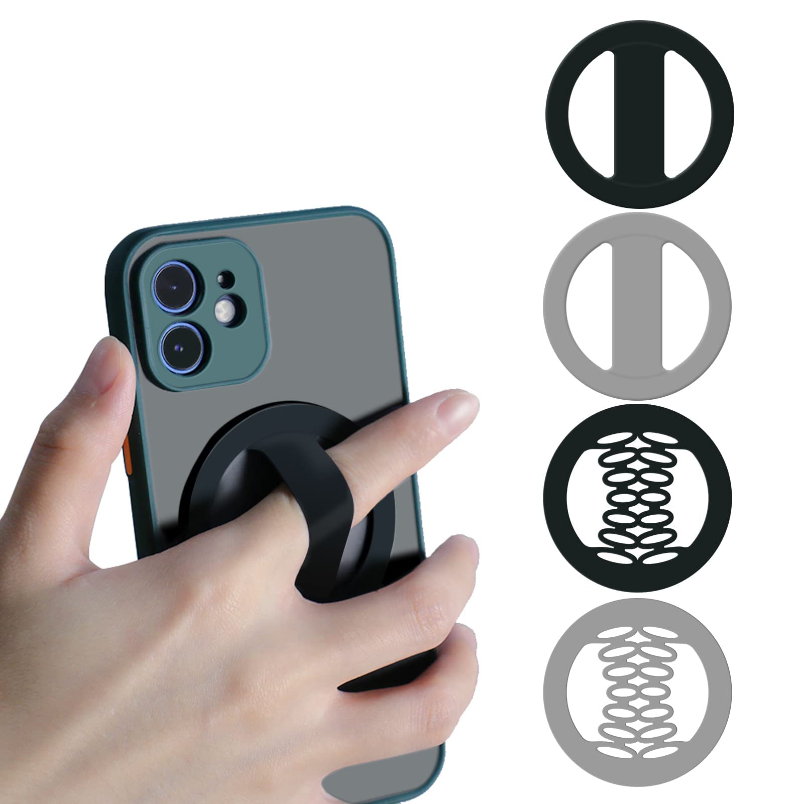 MAKINGTEC 4 Packs Elastic Phone Grip of Silicone Material Cell Phone Holder for Hand Phone Strap Compatible with Magnetic Wireless Charger (Grey 2 Black 2)