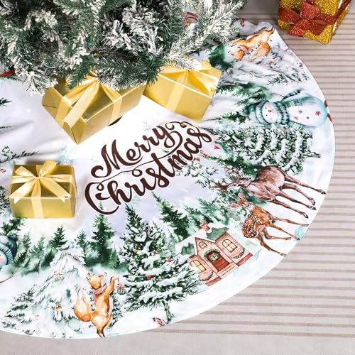 Poen Christmas Tree Skirt 48 Inch Rustic Xmas Tree Mat Farmhouse Snowman Reindeer Snowflake Winter Wonderland Tree Skirt Christmas Tree Collar Cover for Winter Holiday Home Decoration