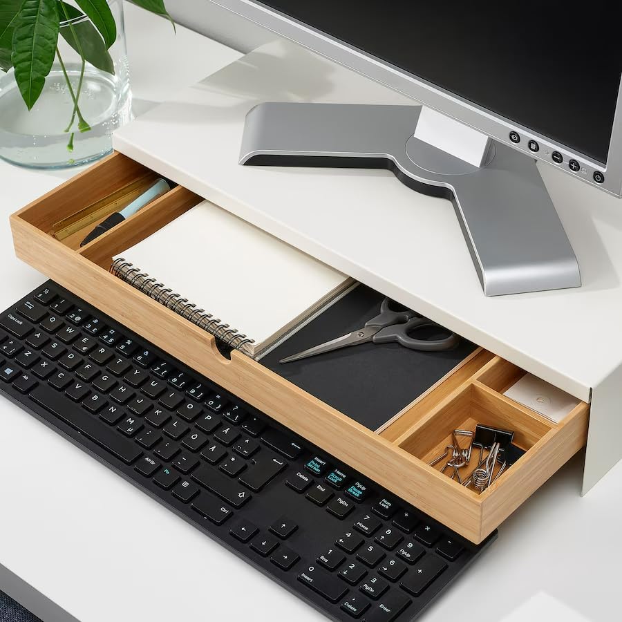 ​Monitor Stand Riser with Bamboo Drawer, Ergonomic Desk Organizer with Storage and Cable Management, White, 18.5 x 10.25 x 3.75 inches