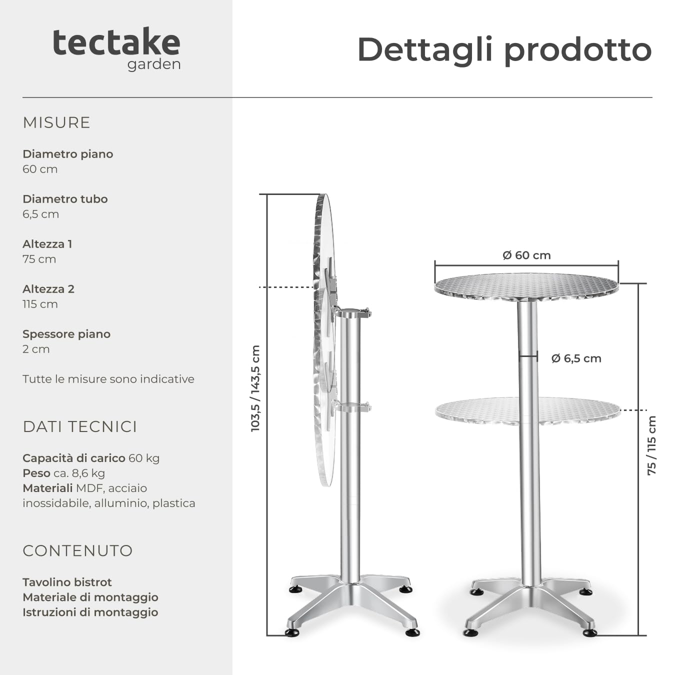 tectake® Tavolo da Bistrot, Alluminio Pieghevole, Altezza Regolabile 70/115cm, Piano in Acciaio Inox Ø 60cm, Resistente agli Agenti Atmosferici, Perfetto per Esterni ed Interni - Alexander