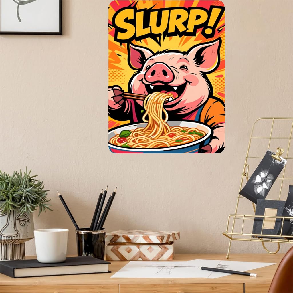 Playful Pig Enjoying Noodles Tin Sign, 8x12 Inch Decor