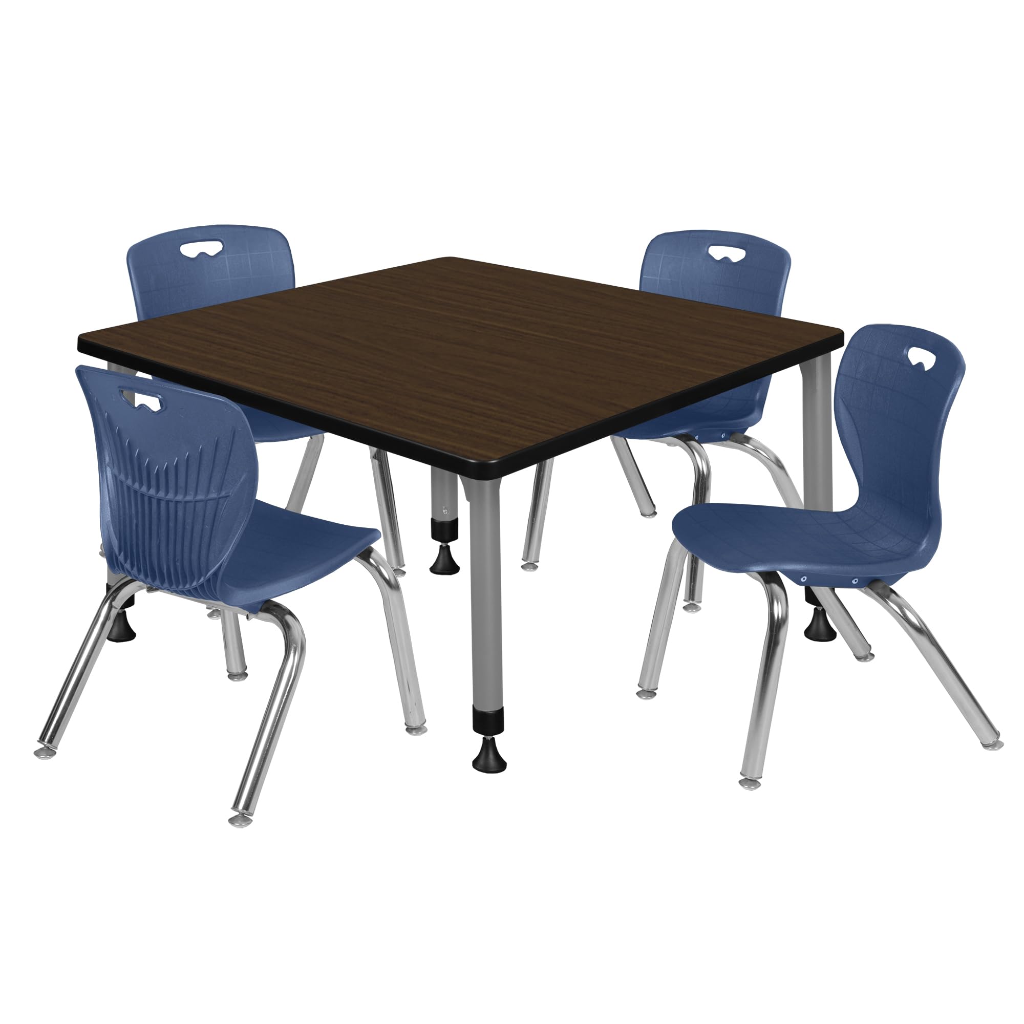 Regency Kee 42 in. Square Adjustable Classroom Table- Neo Walnut Top, Grey Base & 4 Andy 12 in. Blue Stack Chairs