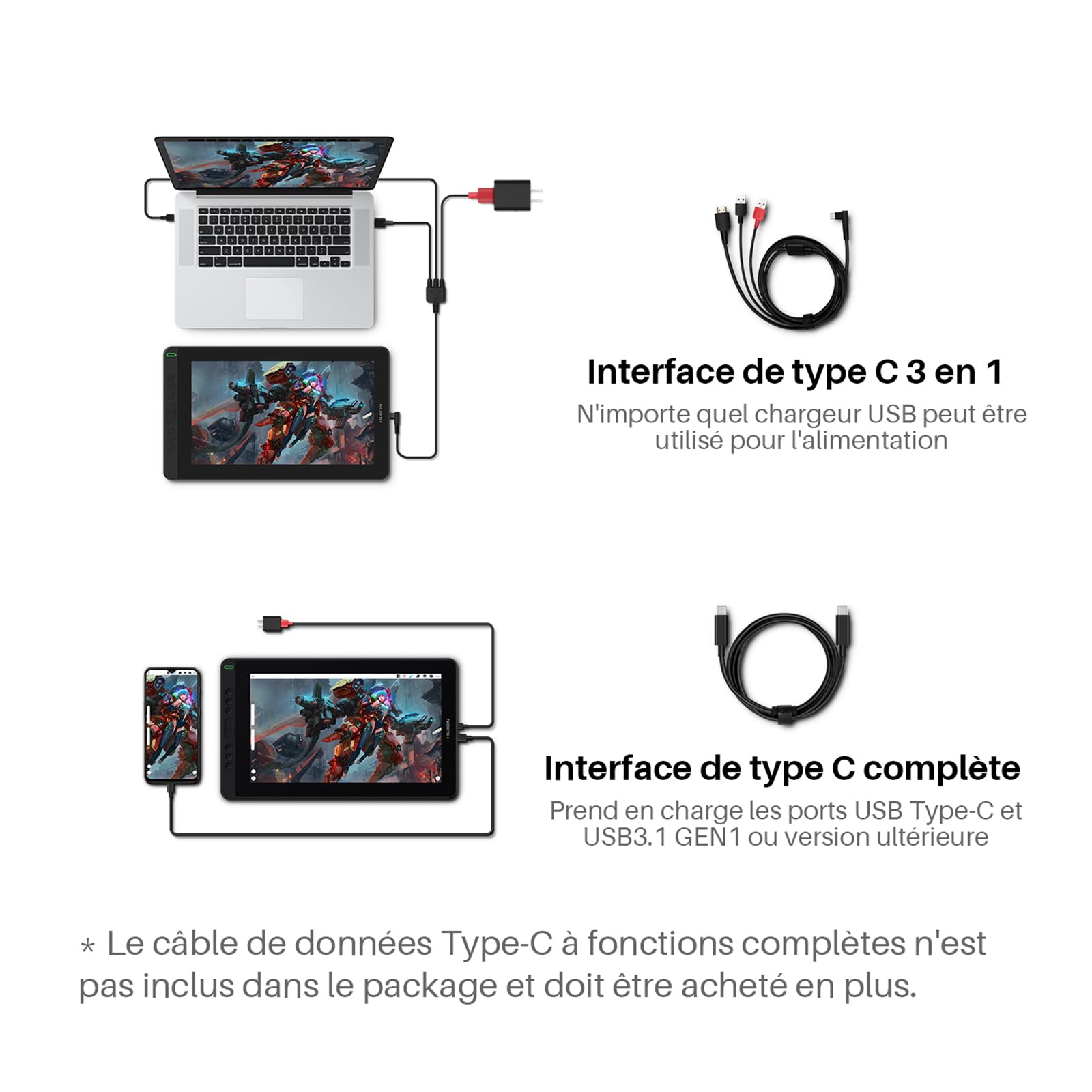 HUION Kamvas 13 Tablette Graphique avec Écran, Moniteur de Dessin de 13,3 Pouces, Ecran Entièrement Laminé, 120% sRGB, Nouveau Stylet PW517, Prise en Charge des Appareils Android