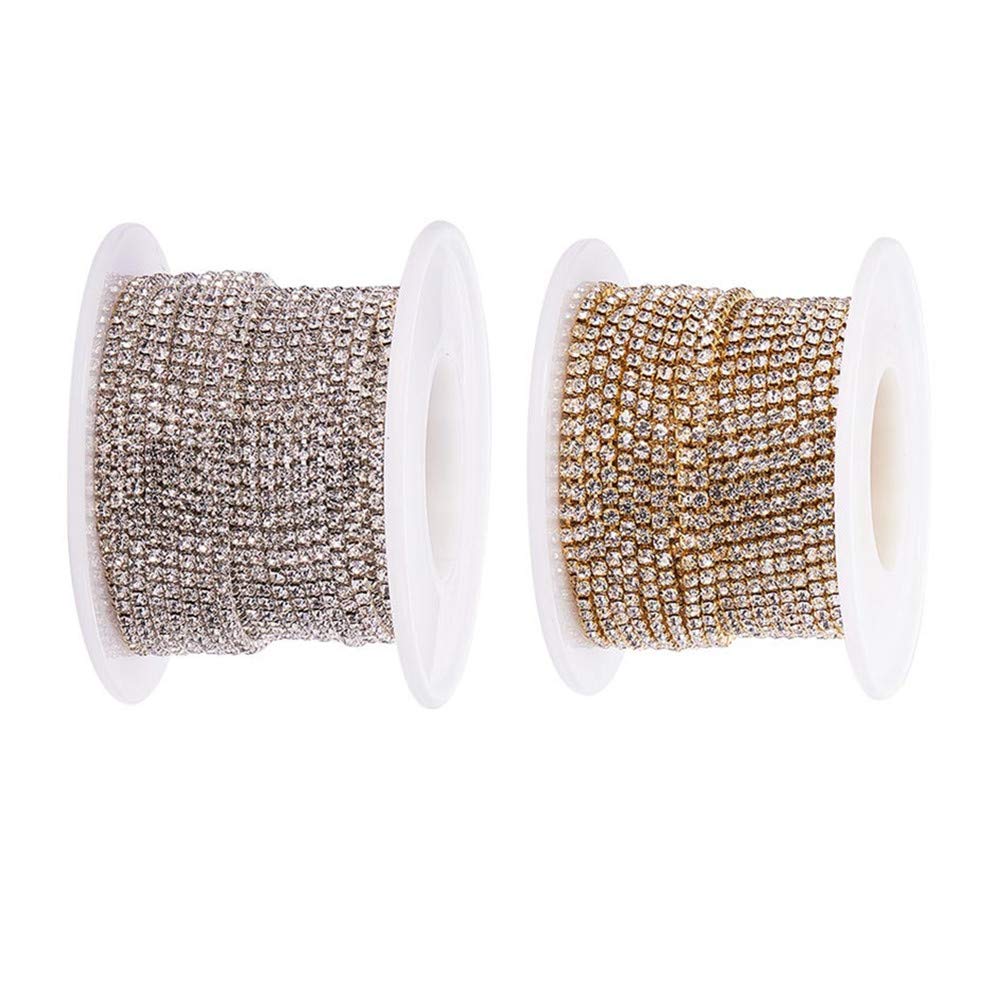BENECREAT 2 Rolls 10 Yard Crystal Strass Artigianato da Cucire a Catena di articolazione, 2mm - Argento e Oro (Fondo Argento)