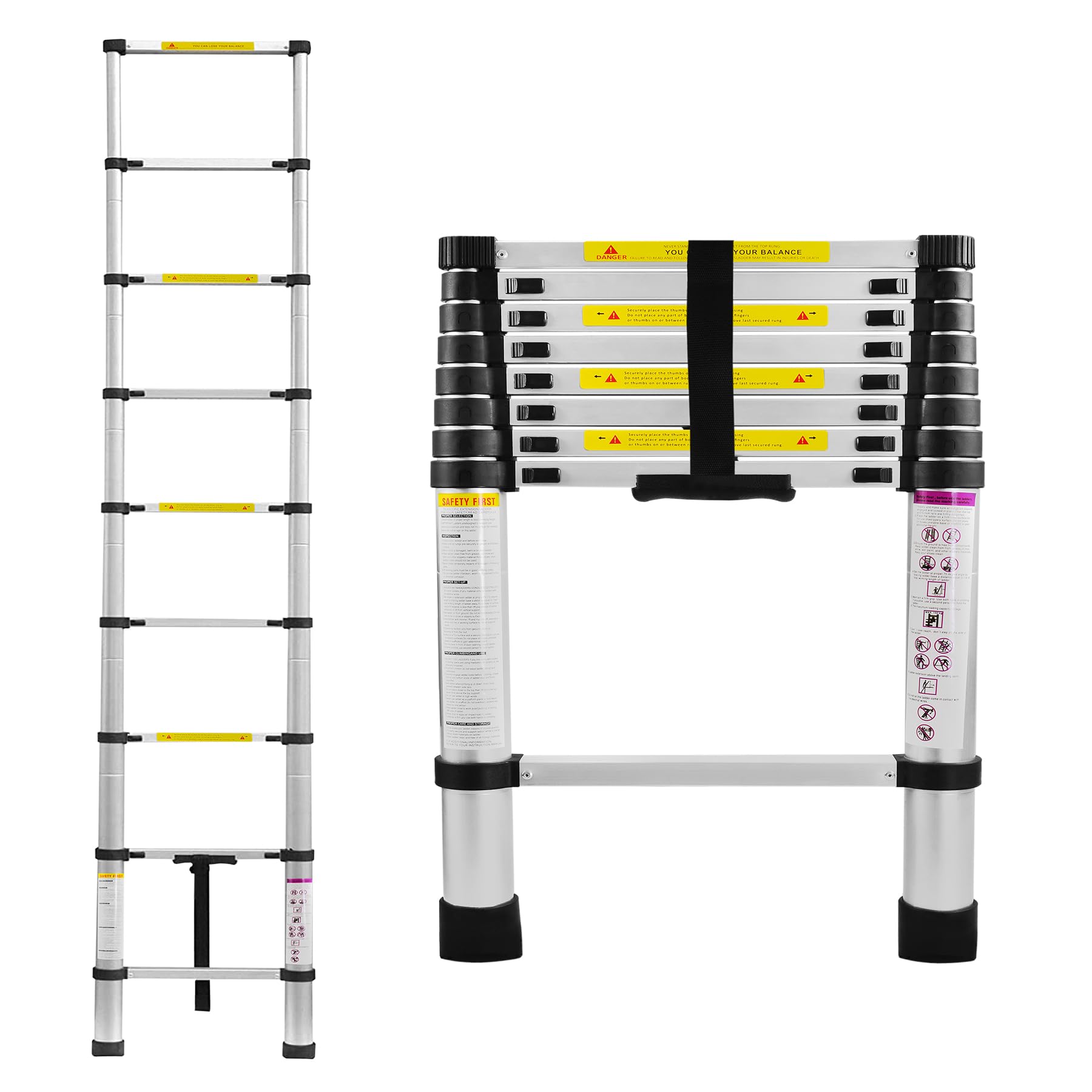 SUBTLETY Scala telescopica da 2,6 m, in alluminio, allungabile, pieghevole, a 9 livelli, antiscivolo, multiuso, per una portata di 150 kg, colore: argento
