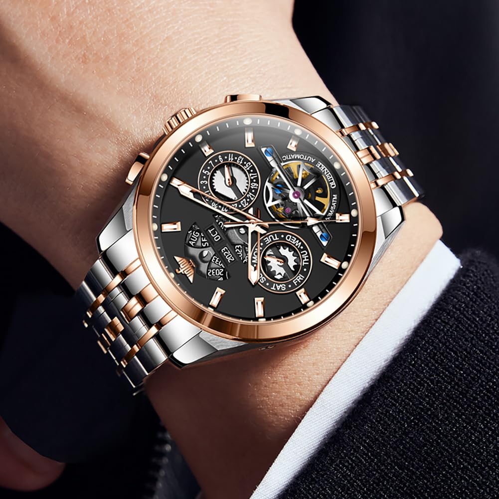 OUPINKE - Reloj automático para hombre, 5 manecillas, calendario múltiple, año, mes, semana, fecha, mecánico, 5 ATM, impermeable, acero de tungsteno, cristal de zafiro, reloj de pulsera para hombre