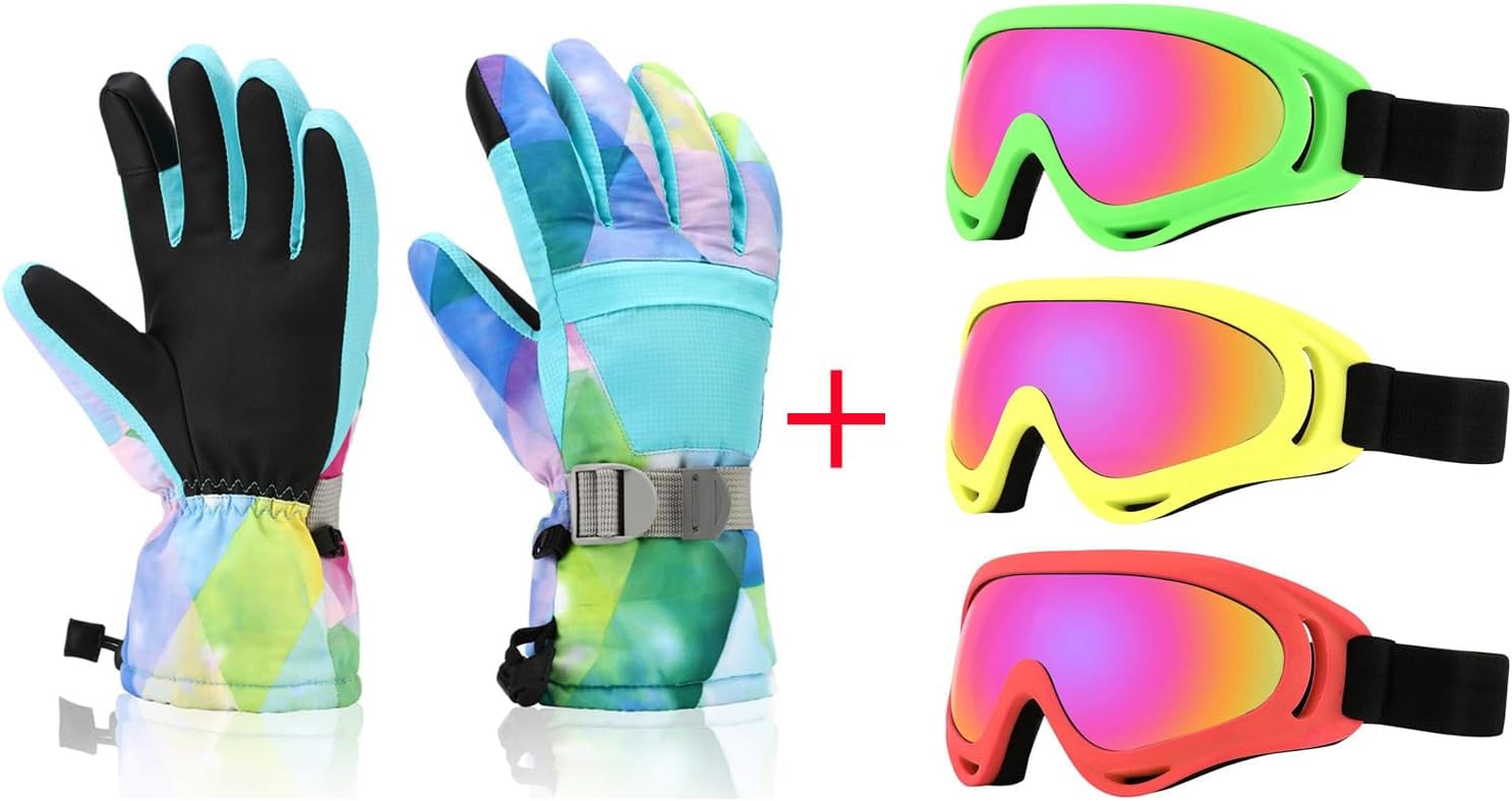 Ski Gloves, Waterproof Touchscreen Snow Gloves, Ski Goggles, Pack of 3 Snowboard Goggles for Kids,Boys,Girls,Youth, Mens Womens (Black-Blue-White)