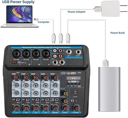 Miniatura 4 de Xuthusman Mezclador de audio profesional de estudio en vivo USB de 6 canales, mezcla de potencia Contrl Phantom Bluetooth DJ, mezclador de audio con