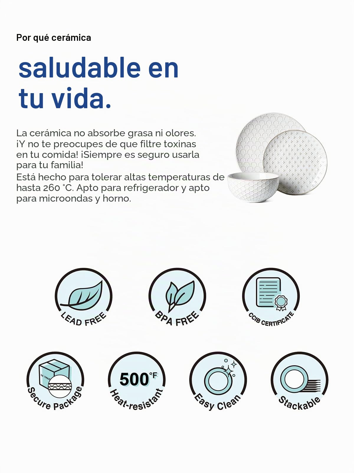 LE TAUCI Juego de vajilla de 12 piezas, juego de platos y cuencos de cerámica, apto para inauguración de la casa (plato de cena de 10 pulgadas + plato de ensalada de 8 pulgadas + cuenco de cereales de