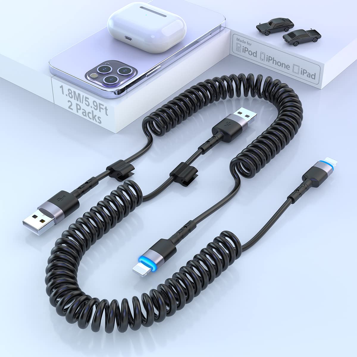 Coiled Lightning Cable 6ft [Apple MFi Certified & Data Sync], 2pack